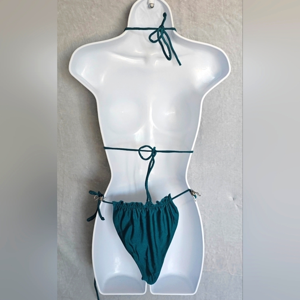 89.Small Emerald Green String Bikini Set With Ruf… - image 3